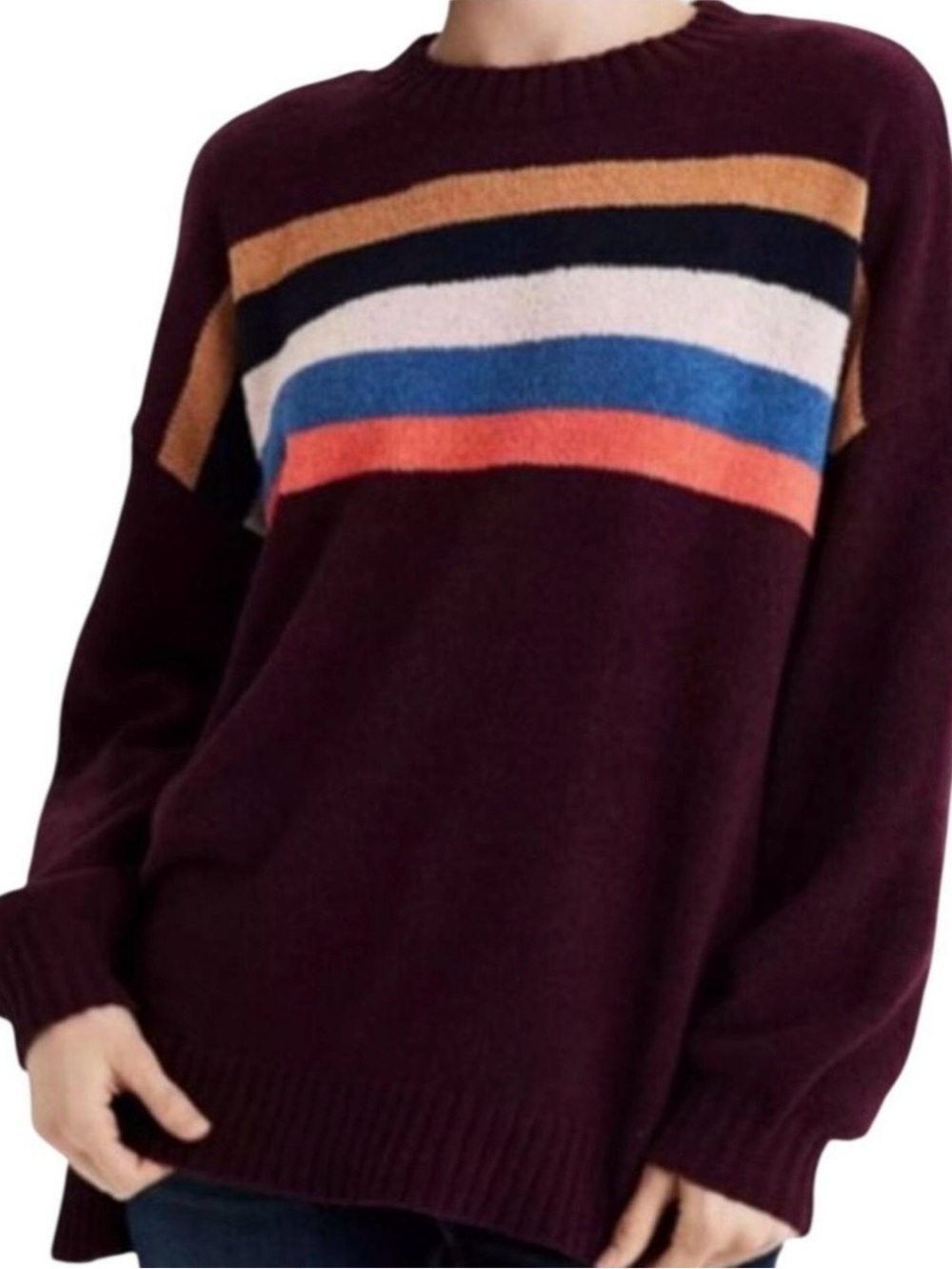 American Eagle Outfitters Burgundy Crewneck Sweater with Multicolor Stripes